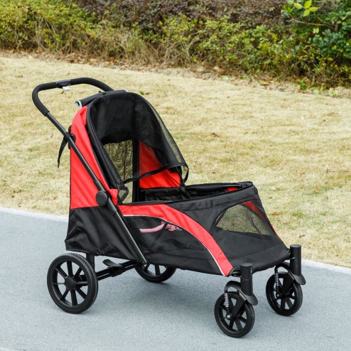 PawHut Dog Stroller, Easy Folding Pet Stroller for Large Dogs, Puppy Pram Pet Pushchair with 4 Big Wheels, Shock-Absorbing Frame, Safety Leashes, Brakes, Red/Black