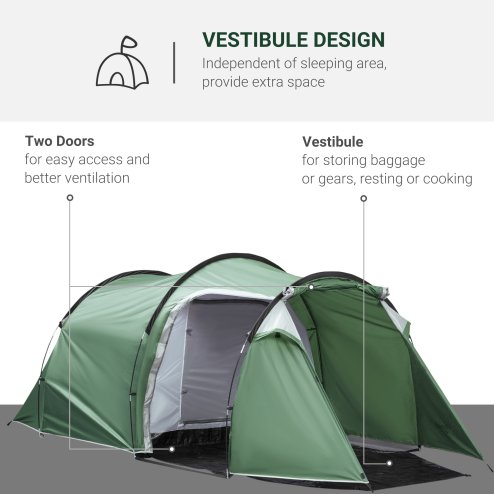 Outsunny 2-3 Person Tunnel Tent with Sewn-in Groundsheet, Air Vents, Rainfly, 2000mm Water Column, Camping Tent with 1 Bedroom, Inbuilt Porch, Living Area for Camping, Hiking, Green