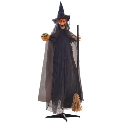 HOMCOM 190cm Witch with Broomstick Outdoor Halloween Decoration, Halloween Animatronic with Sound Activated, Light Up Eyes, Sound Effects, Animated Prop for Haunted House
