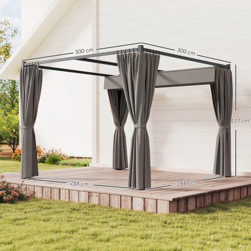 Outsunny 3 x 3(m) Pergola with Retractable Roof Canopy and Curtains, Metal Frame Garden Gazebo Outdoor Sun Shade Shelter for Grill, Patio, Deck, Light Grey