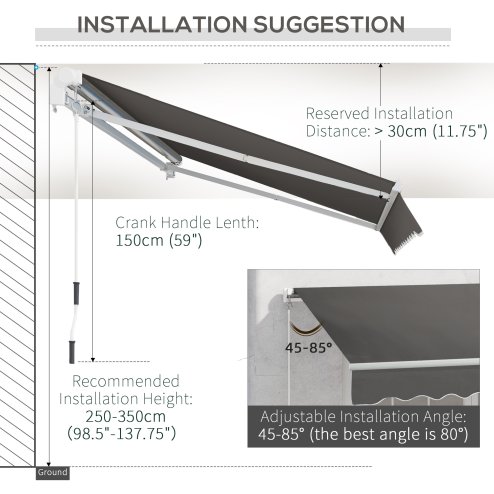 Outsunny 4x2.5m Retractable Manual Awning Window Door Sun Shade Canopy with Fittings and Crank Handle