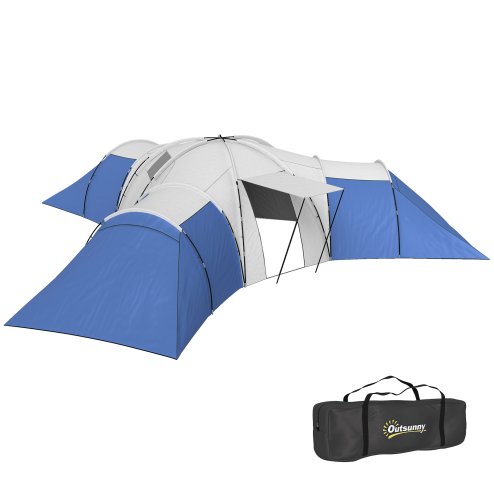 Outsunny 6-9 Man Large Tunnel Tent with 3 Bedroom, Living Area and Porch, 2000mm Waterproof Camping Tent, Portable with Bag, for Fishing Hiking Festival, Blue