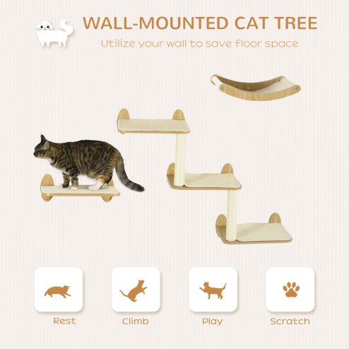 PawHut 3PCs Wall Mounted Cat Tree Cats Shelves, Climbing Shelf Set, Kitten Activity Center with Jumping Platforms Hammock Scratching Post, Oak