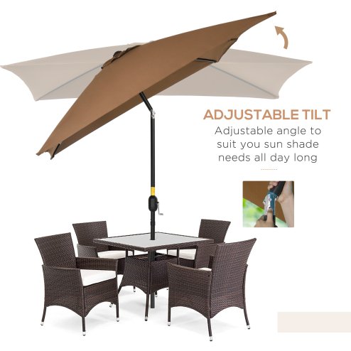 Outsunny 3x2m Garden Parasol Umbrella with Tilt and Crank, Outdoor Sun Shade Canopy with Aluminium Frame and Steel Ribs, Rectangular, Brown