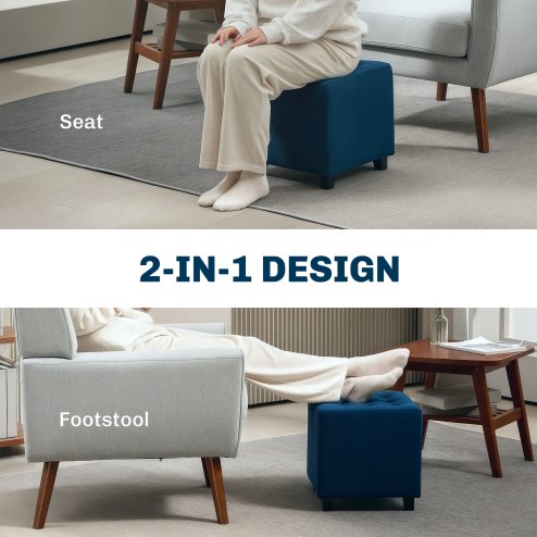 HOMCOM Small Footstool Ottoman, Velvet Footrest, Square Foot Stool with Rubber Wood Legs and Padded Seat for Living Room, Bedroom, Entryway, 35 x 35 x 35cm