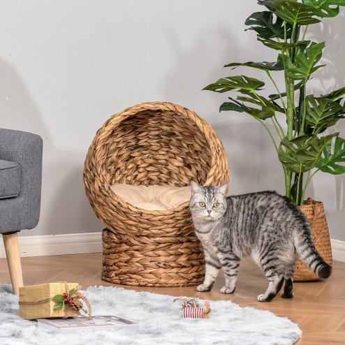 PawHut Woven Banana Leaf Elevated Cat Bed Wicker Kitten Basket Pet Den. House Cosy Cave with Soft Cushion Dome 50x42x60cm Brown