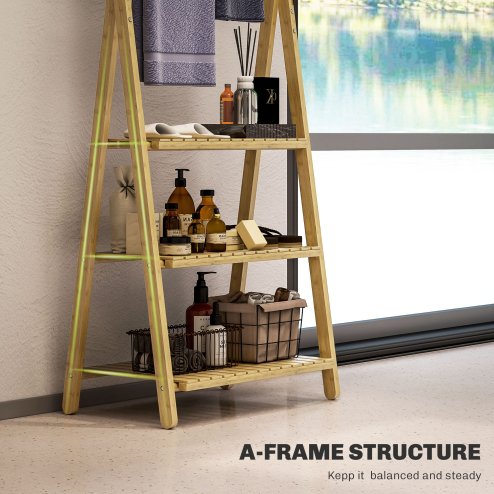 HOMCOM Folding Bathroom Storage Shelves, 3-Tier A-Frame Bamboo Storage Shelving Unit with Towel Bars, Freestanding Shelves Rack Organiser for Living Room, Natural