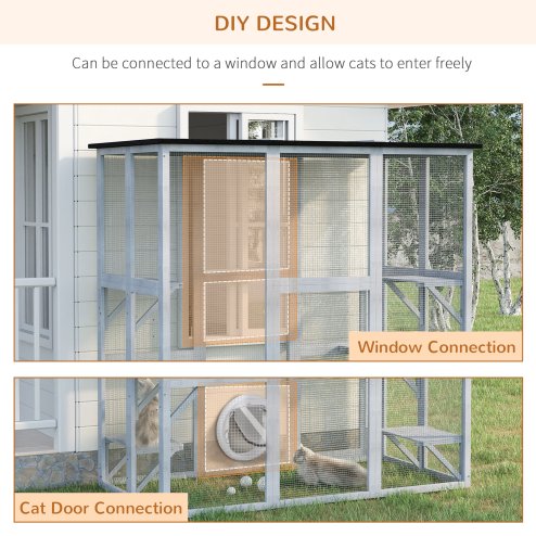 PawHut Large Outdoor Cat House, Walk-in Cat Enclosure, Wooden Catio with 6 Jumping Platforms, Waterproof Asphalt Roof