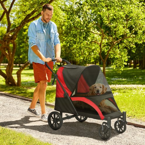PawHut Dog Stroller, Easy Folding Pet Stroller for Large Dogs, Puppy Pram Pet Pushchair with 4 Big Wheels, Shock-Absorbing Frame, Safety Leashes, Brakes, Red/Black