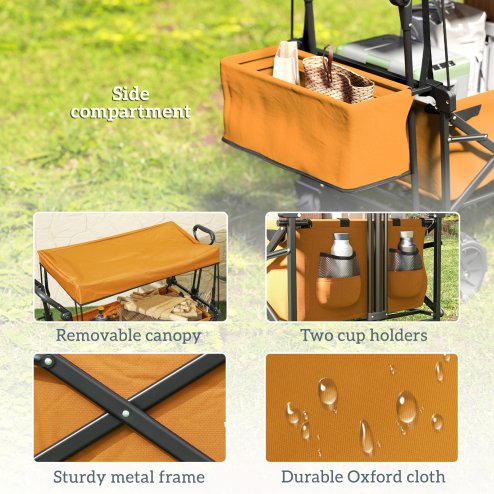 Outsunny 120L Festival Trolley on Wheels, Folding Camping Trolley Cart with Removable Canopy, All-Terrain Wheels, Adjustable Handle and Side Pockets for Garden Beach Fishing Shopping, Orange