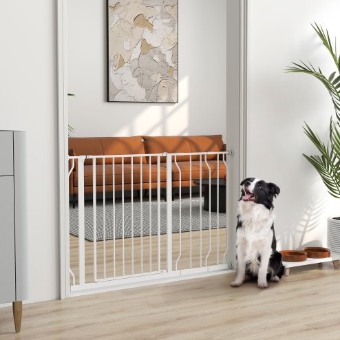 PawHut Dog Gate Wide Stair Gate w/ Door Pressure Fit Pets Barrier for Doorway, Hallway, 76H x 75-115W cm - White