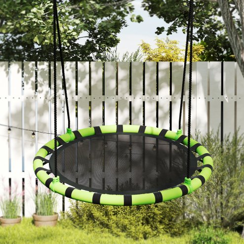 AIYAPLAY Kids Nest Swing Seat, Hanging Set with Height Adjustable Ropes for Kids, 100cm Diameter Round Saucer Swing Chair for Outdoor, Garden, Black/Green