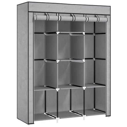 HOMCOM Fabric Wardrobe, Portable Wardrobe, Clothes Storage Unit with 8 Shelves, 2 Hanging Rods, 125 x 43 x 162.5 cm, Light Grey