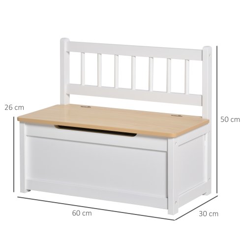 HOMCOM 2 In 1 Wooden Toy Box, Kids Seat Bench Storage Chest Cabinet Organiser w/ Safety Pneumatic Rod, 60 x 30 x 50cm - White