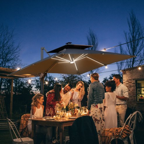 Outsunny 3m Cantilever Roma Parasol, Offset Patio Umbrella, Solar LED Lighted Hanging Sun Shade Canopy 250g Polyester SunShade with Aluminium Frame, Tilt & Crank Handle, Cross Base for Lawn, Grey