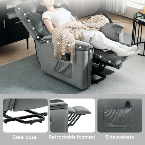 HOMCOM Power Lift Recliner Chair for Elderly, Velvet Fabric Electric Riser and Recliner Armchair for Living Room with Remote Control, USB Port and 2 Side Pockets, Dark Grey