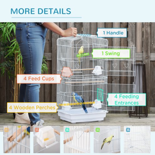 PawHut Bird Cage with Perches, Food Bowls, Swing, Parrot Cage for Budgie, Parakeet, Small Bird, 46.5 x 35.5 x 92cm, White