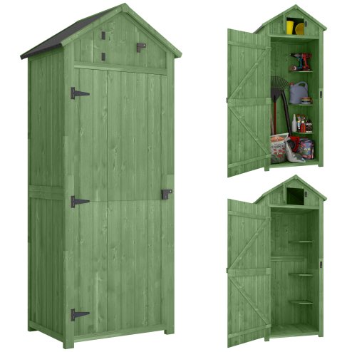 Outsunny Small Shed, Tall Slim Wooden Garden Shed with 3 Removable Shelves and Roof Hatch, Compact Outdoor Tool Storage Cabinet with Asphalt Roof and Door Latch, 77 x 54.2 x 179 cm, Green