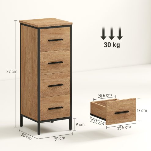 HOMCOM Narrow Bathroom Storage Cabinet, Industrial Slim Bathroom Storage Unit with 4 Drawers and Steel Frame for Small Spaces, 30 x 30 x 82 cm, Oak