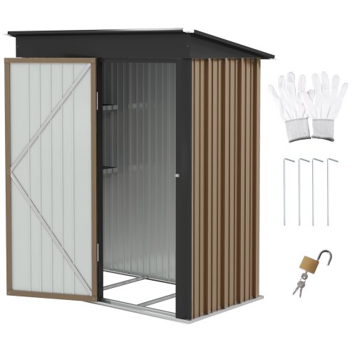 Outsunny 5x3ft Garden Shed, Steel Small Shed, Outdoor Lean-to Shed with Adjustable Shelf, Lock and Gloves for Patio, Garden, Brown with Foundation Kit
