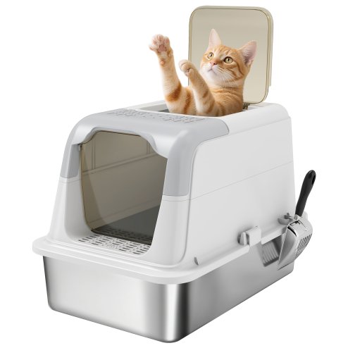 PawHut Stainless Steel Litter Box with Lid, Extra Large Hooded Cat Litter Tray for Big Cats with Front-Entry and Top-Exit, Metal Scoop, Deodorizer Bag, Non-Sticky, Odour Control and Easy Clean