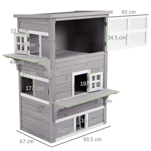 PawHut Outdoor Cat House, 3 Tier Wooden Kitten Shelter with Jumping Platforms, Asphalt Roof, Doors for Indoor, Garden - Grey