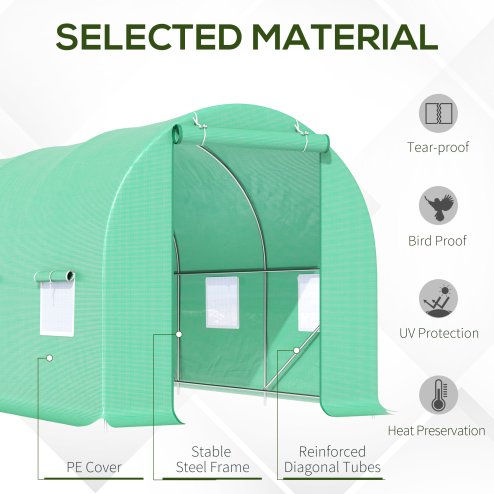 Outsunny 4.5m x 2m Walk-In Polytunnel Greenhouse, with Steel Frame, PE Cover, Roll-Up Door and 6 Windows, Green