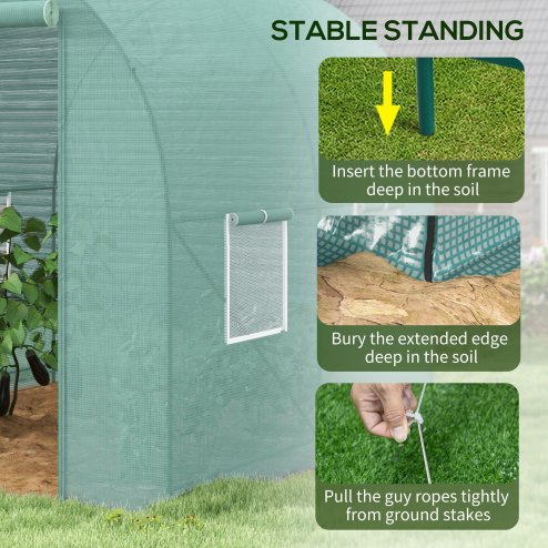 Outsunny Reinforced Walk In Polytunnel Greenhouse with Roll Up Door, Galvanised Steel Frame and Zipped Door Windows (2 x 2.5m), Green