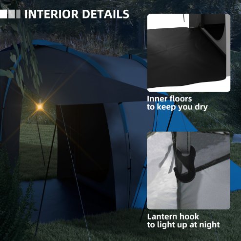 Outsunny 4-6 Man Tunnel Tent with 2 Bedroom and Living Area, Large Camping Tent, 2000mm Waterproof, Portable with Bag, for Fishing Hiking Festival, Grey and Blue
