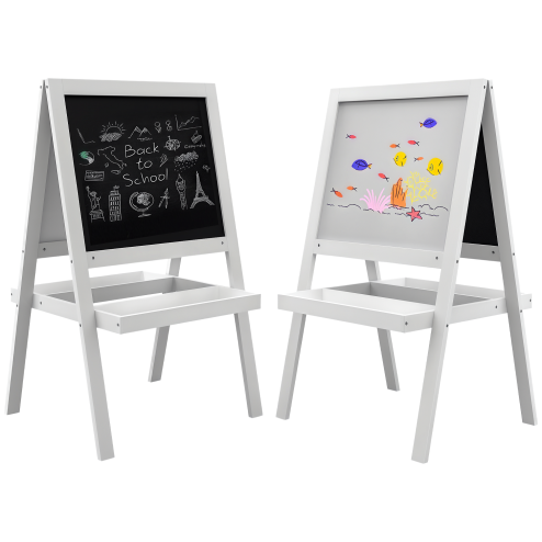 AIYAPLAY Kids Easel, Art Easel with Double Sided Whiteboard, Chalkboard, Storage, 2 in 1 Standing Easel for Toddlers 18-48 Months, White Image