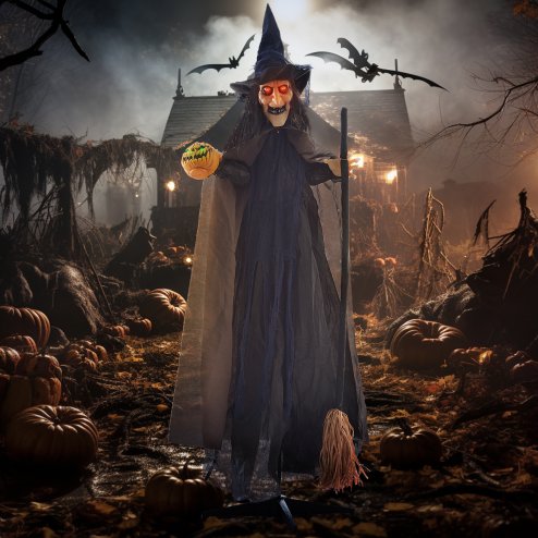 HOMCOM 190cm Witch with Broomstick Outdoor Halloween Decoration, Halloween Animatronic with Sound Activated, Light Up Eyes, Sound Effects, Animated Prop for Haunted House