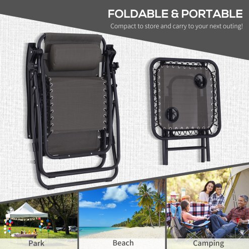 Outsunny Folding Zero Gravity Chairs, 3 Pieces Adjustable Sun Lounger and Table Set with Cup Holder and Headrest, Patio Bistro Set with Reclining Garden Chairs for Outdoor, Dark Grey