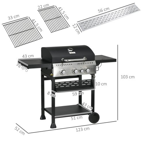 Outsunny 3+1 Gas Burner Grill, 11.5 kW Propane Gas Barbecue BBQ Grill with Wheels, Warming Rack, Shelves, Thermometer, Bottle Opener, Black