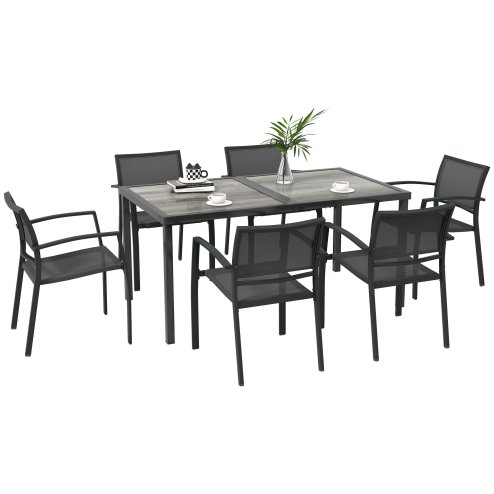 Outsunny 6 Seater Garden Dining Set, Stackable Armchairs and Wood-like Top Table, Space-Saving Outdoor Table and Chairs with Breathable Mesh Seat, Garden Furniture Set, Grey