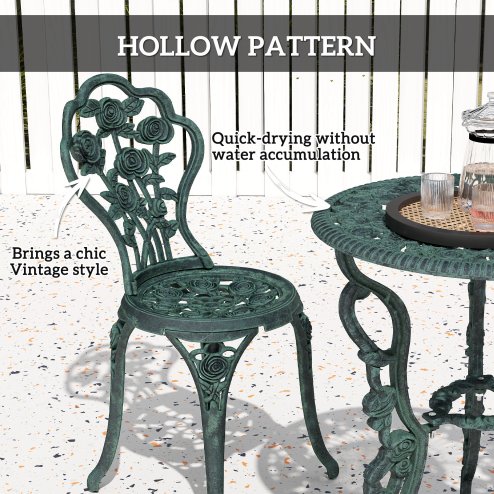 Outsunny Garden Bistro Set with Umbrella Hole, 3 Piece Cast Aluminium Garden Furniture Set, Antique Floral Round Coffee Table and Chairs, Small Balcony Furniture for Outdoor, Patio, Green