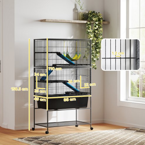 PawHut 5 Levels Rabbit Cage, Rolling Rat Cage with Slide Out 16cm Deep Tray, Non Slip Cloth Covered Ramps, Hammock, for Bunny, Pet Mink, Chinchillas, Squirrel, 88 x 48 x 150.5cm, Dark Grey