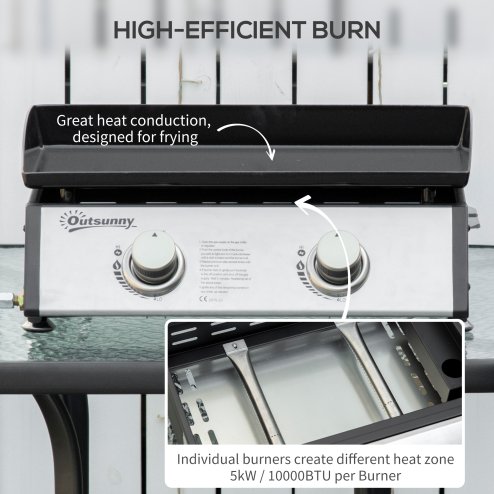 Outsunny Gas Plancha Grill with 2 Stainless Steel Burner, 10kW, Portable Tabletop Gas BBQ with Non-Stick Griddle for Camping Picnic Garden Party Festival