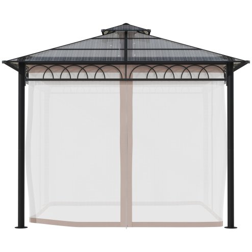 Outsunny 3 x 3 (m) Outdoor Polycarbonate Gazebo, Double Roof Hard Top Gazebo with Galvanised Steel Frame, Nettings & Curtains for Garden, Lawn, Patio and Deck, Khaki