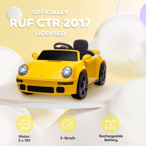 AIYAPLAY Licensed RUF CTR 2017 Electric Car for Kids, Ride On Car 12V Battery Powered Kids Electric Vehicle with Remote Control, Soft Start, MP3 Player, LED Lights, Horn, Yellow