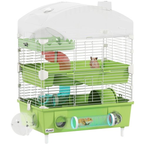 PawHut 3-Tier Hamster Cage, Hamster Habitat with Transparent Top, Sand Bathroom, Exercise Wheel, Hideout Room, Tubes, Small Animal Cage for Dwarf Hamster, 45 x 28 x 60 cm, Green