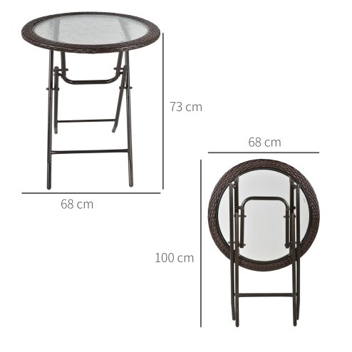 Outsunny Folding Rattan Garden Dining Table, 68 cm Round Rattan Garden Table with Water Ripple Tempered Glass Top, Wicker Edging  and Steel Frame for Outdoor, Patio, Brown