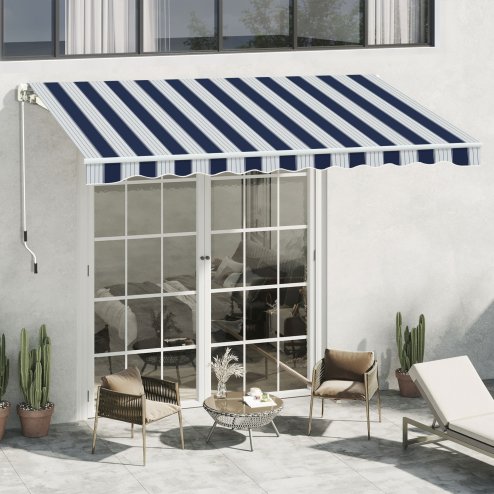 Outsunny 3m x 2.5m Garden Patio Manual Awning Canopy Sun Shade Shelter with Winding Handle Retractable Blue and White