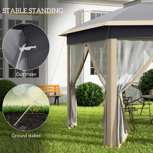 Outsunny 3 x 4m Garden Gazebo Hexagon Pop Up Gazebo Party Tent Canopy Double Roof Instant Shelter with Netting and Carry Bag for Outdoor Patio, Khaki