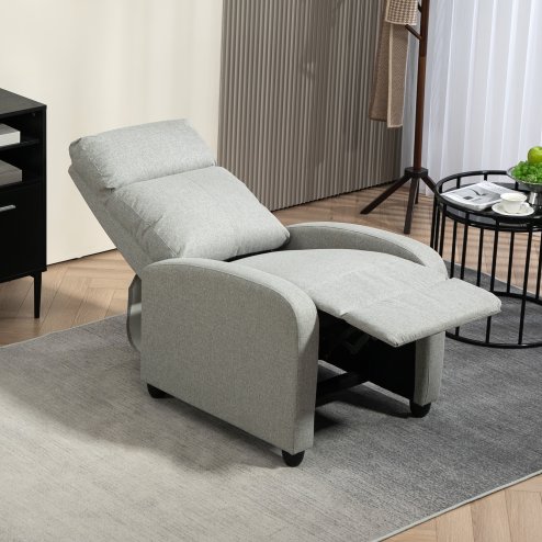 HOMCOM Push Back Recliner Armchair, Linen Fabric Reclining Chair with Adjustable Leg Rest, Single Padded Seat Sofa Lounge for Living Room, Bedroom, Light Grey