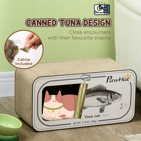 PawHut Cat Scratching Board, 2 in 1 Cat Scratcher Cardboard with Catnip, Canned Tuna Design Cat House for Indoor Kitty, Cream White