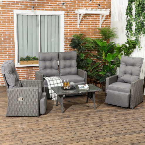 Outsunny 4 Piece Rattan Garden Furniture Set with Adjustable Backrest, Wicker Outdoor Furniture Sofa Set with Loveseat, Reclining Armchairs, Thickened Cushions and Glass Top Table, Grey
