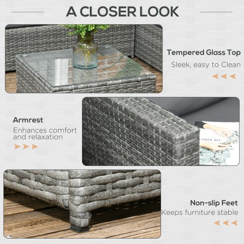 Outsunny 3 Pieces PE Rattan Garden Furniture Set with 10 cm Thick Cushions, 4 Seater Garden Corner Sofa Set with Glass Top Coffee Table, Outdoor Furniture for Patio, Porch, Grey