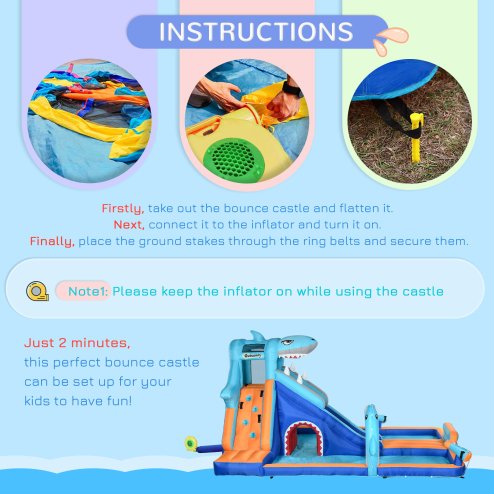 Outsunny Kids Bouncy Castle Inflatable Water Park 6 in 1 for Children Shark-Themed with Slide, Pool, Climbing Wall, Water Cannon for 3-8 Years