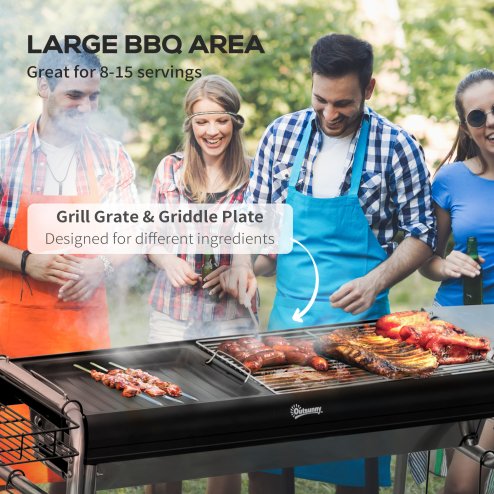 Outsunny Portable Charcoal Barbecue BBQ Grill with Griddle Plate, Easy Assembly, Stainless Steel Cooker with Seasoning Baskets, Storage Shelves and Hooks for Camping Picnic Hiking Garden Party
