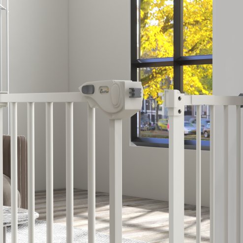 PawHut Dog Gate Stair Gate Pressure Fit Pets Barrier Auto Close for Doorway Hallway, 74-94cm Wide Adjustable, White